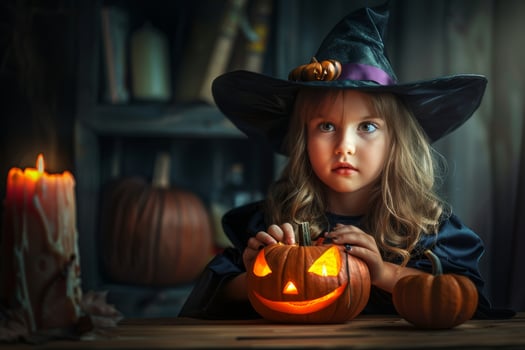 A little girl in a witch costume holding a pumpkin photo