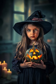 A little girl in a witch hat holding a pumpkin photo