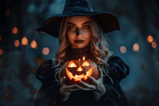 A woman in a witch costume holding a pumpkin photo