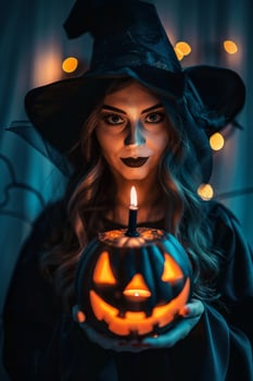 A woman in a witch costume holding a pumpkin candle photo