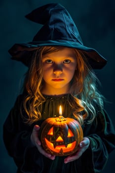 A little girl in a witch costume holding a pumpkin with a candle photo