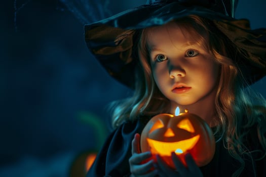 A little girl in a witch costume holding a pumpkin photo