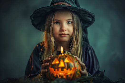 A young girl in a witch costume holding a pumpkin photo