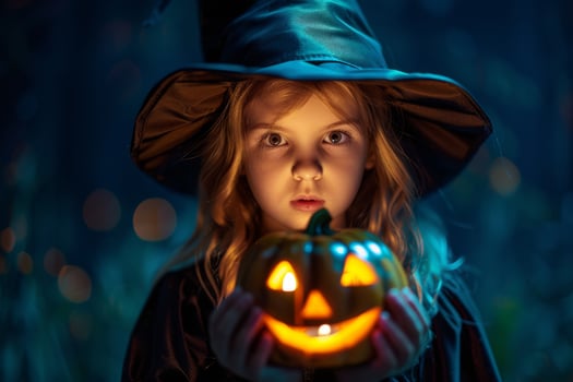 A little girl in a witch costume holding a pumpkin photo