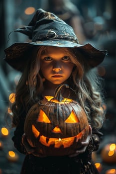 A little girl in a witch costume holding a pumpkin photo