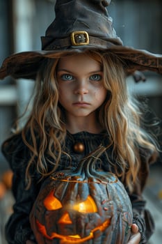 A little girl in a witch costume holding a pumpkin photo