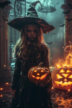 A little girl in a witch costume holding a pumpkin photo