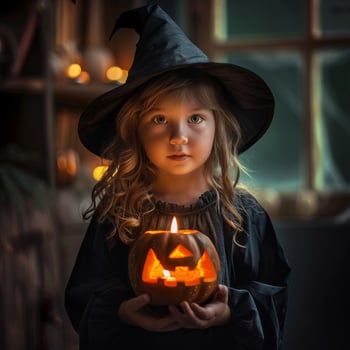 A little girl in a witch costume holding a pumpkin photo