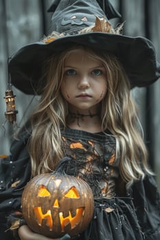 A little girl dressed as a witch holding a pumpkin photo