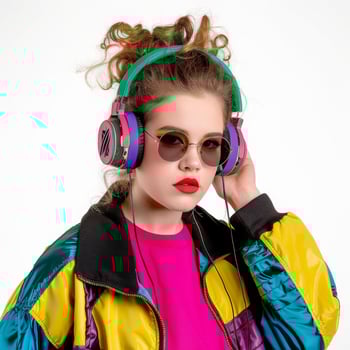 A girl wearing headphones and a colorful jacket photo