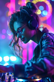 Dj playing music at night club photo