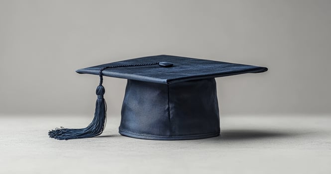 A black graduation cap rests on a plain surface, showcasing its tassel and classic design, symbolizing academic achievement. photo