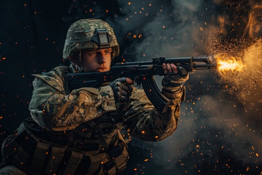 Soldier with ak-47 shooting with fire photo