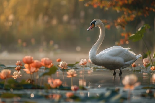 A white swan stands in a pond surrounded by flowers photo
