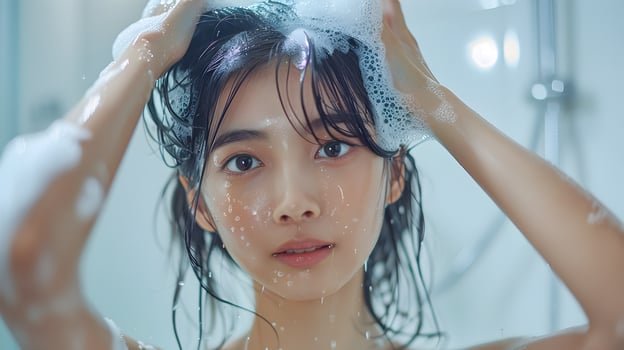 Refreshing Self Care Moment of Young Korean Woman Washing Hair in Bathroom for Advertising Campaign photo