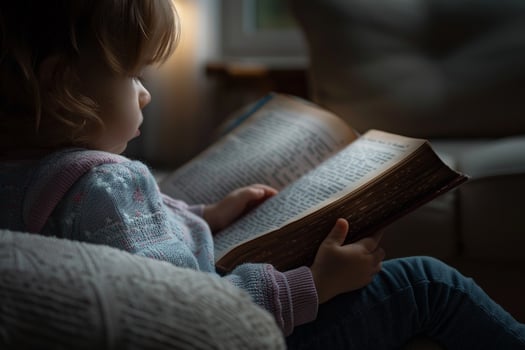 A little girl reading a book in the dark photo