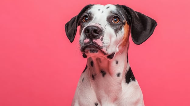 Cute dog with black white and brown fur is looking up on pink background photo