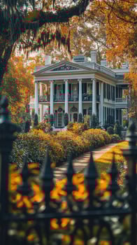 Ornate iron gate opening to brick pathway leading to beautiful old house photo