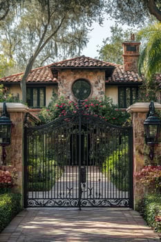 Luxurious mediterranean villa hiding behind ornate iron gate photo