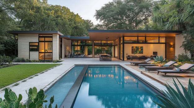 Modern single story home with open floor plan overlooking swimming pool photo