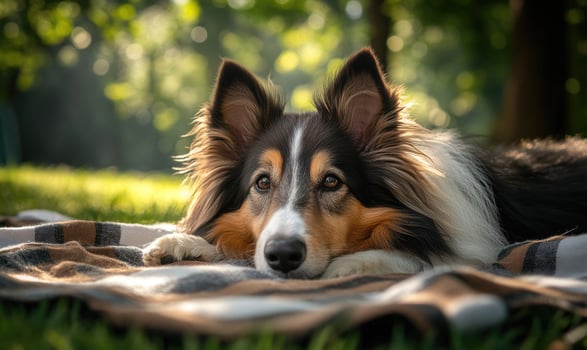 Scottish Sheepdog lying on an outdoor picnic blanket photo