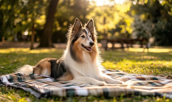 Scottish Sheepdog lying on an outdoor picnic blanket photo