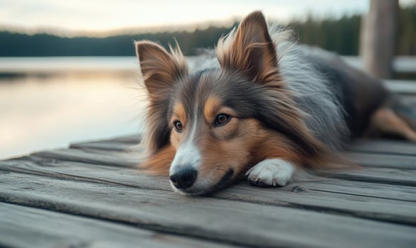 Sheltie lying on a wooden deck, lake in the background photo