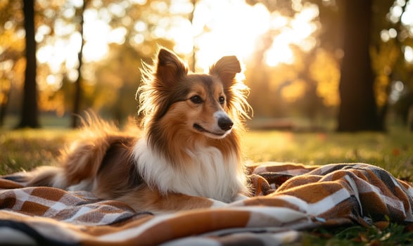 Sheltie lying on a picnic blanket photo