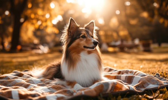 Sheltie lying on a picnic blanket photo