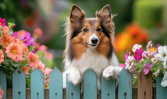 Sheltie standing by a garden fence, flowers in bloom photo