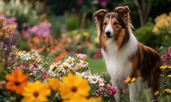 Collie standing in a field of wildflowers, sunlight filtering through petals photo