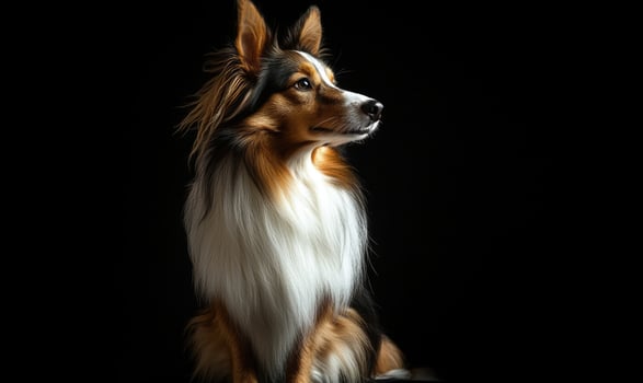 A Sheltie sitting calmly in a studio with a black background photo
