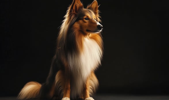 A Sheltie sitting calmly in a studio with a black background photo
