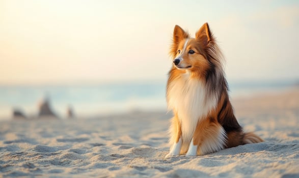 A Shetland Sheepdog sitting quietly on a sandy beach photo