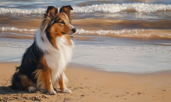 A Shetland Sheepdog sitting quietly on a sandy beach photo