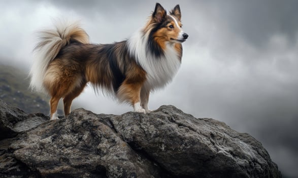 A Shetland Sheepdog standing proudly on a rocky outcrop photo