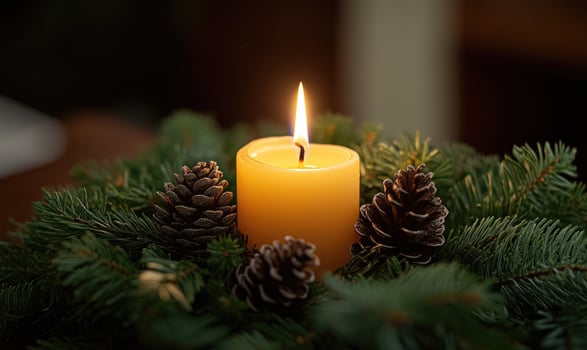 A candle is lit on a pine tree photo