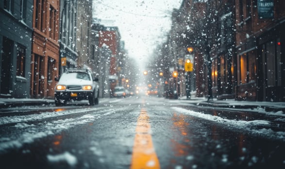A snowy street with a car driving down it photo