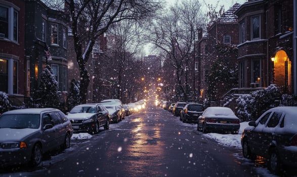 A snowy street with cars parked on the side photo