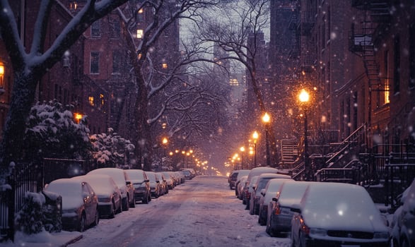 A snowy street with cars parked on both sides photo