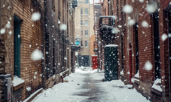 A snow covered alleyway with a red box on the ground photo