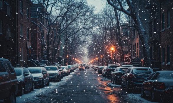 A snowy street with cars parked on both sides photo