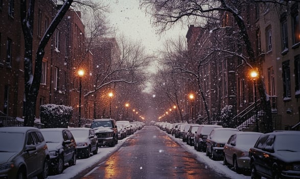 A snowy street with cars parked on both sides photo