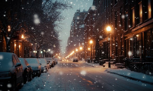 A snowy street with cars parked on the side photo