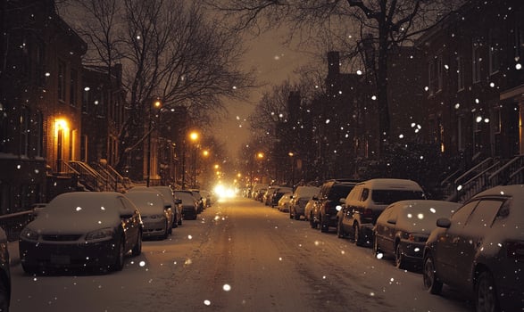 A snowy street with cars parked on both sides photo