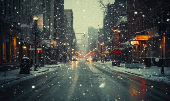 A snowy city street with a few cars and a few pedestrians photo