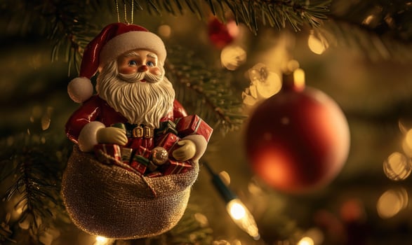 A santa Claus ornament is hanging from a tree photo