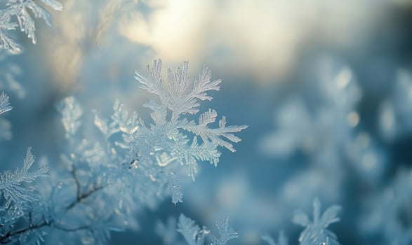 A snowflake is captured in a close up of a branch photo