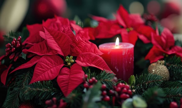 A red poinsettia plant with a lit candle on top of it photo