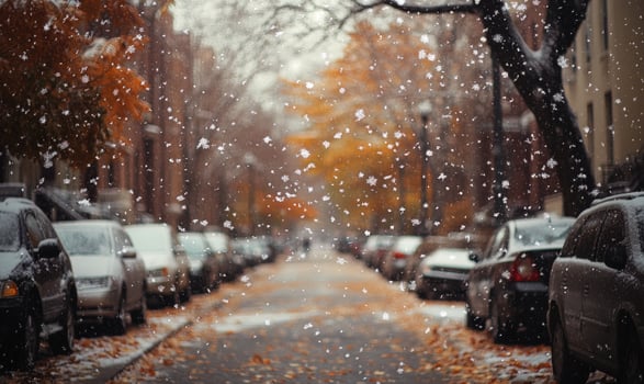 A snowy street with cars parked on both sides photo